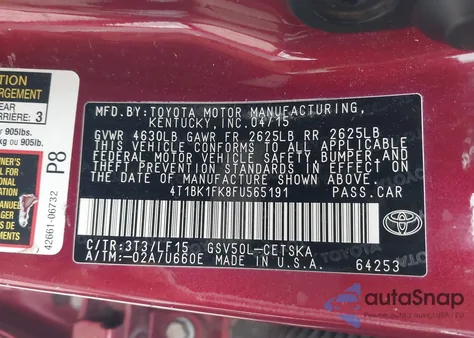 2015 Toyota Camry Xse V6 from USA, damaged, VIN 4T1BK1FK8FU565191